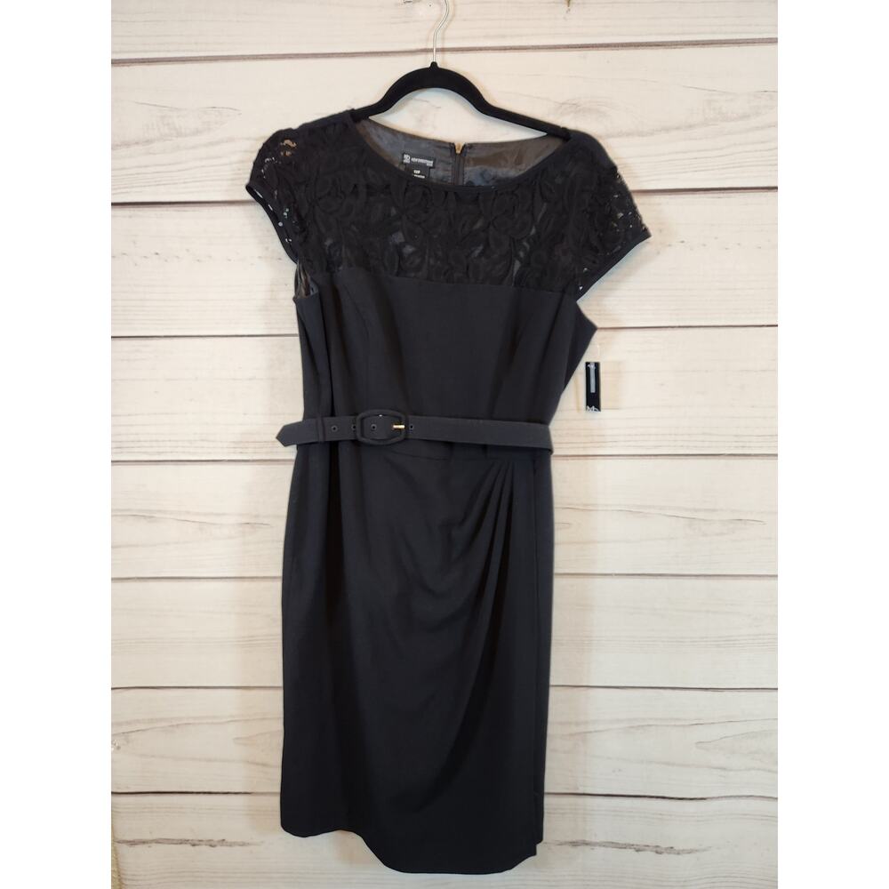 New Directions Women's Black Lace Top Belted Sheath Dress‎ Size 12P